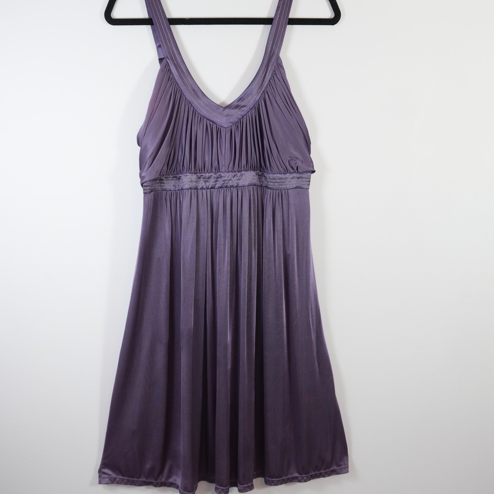 BCBGMaxAzria 2010s Purple Silk Trim Empire Waist Pleated Sleeveless Dress 12 L